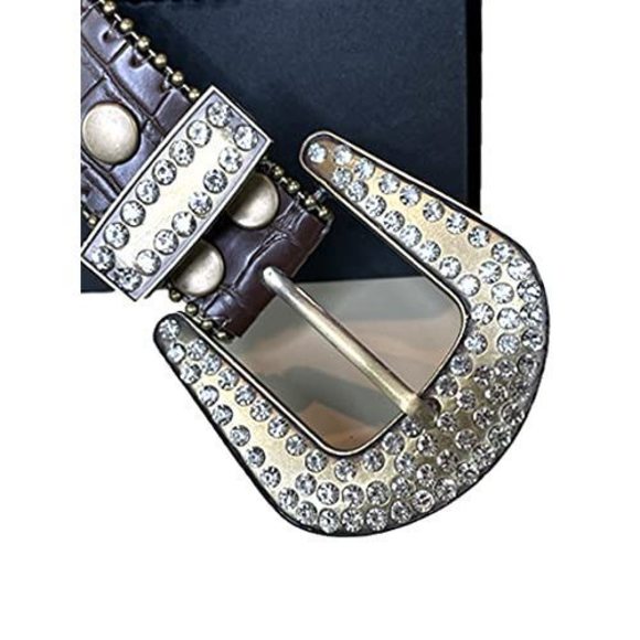 Rhinestone Celebrity Western Bling Vegan Leather Mock Croc Belts (white,🌼